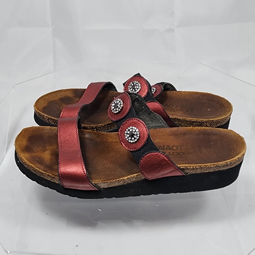 Naot Marissa Slides Sandals Flame Red Maroon Shimmer Leather Women 39/8 Crystals